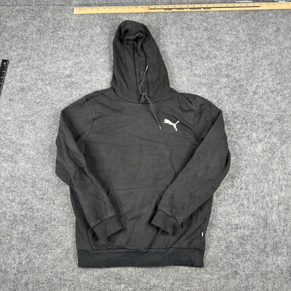 Puma Hoodie Mens Size M Black Long Sleeve Pullover Logo Fleece Pocket Sweatshirt